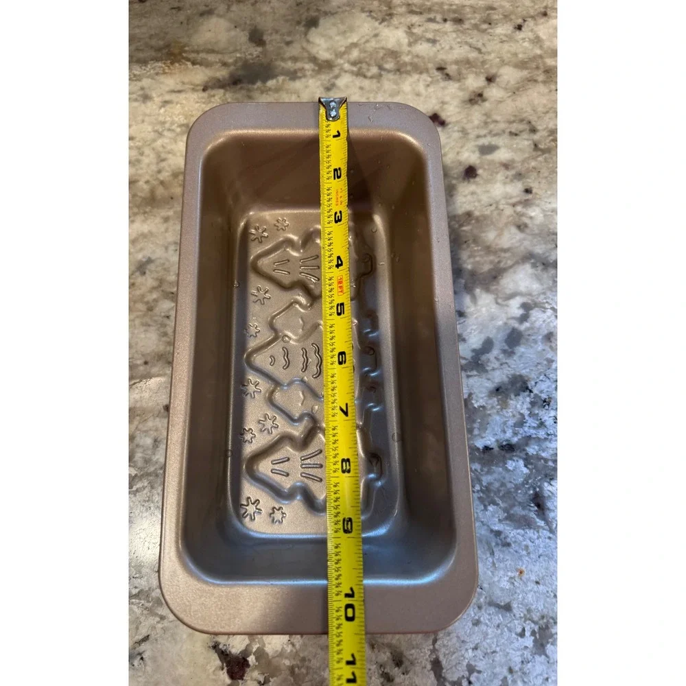 Champagne Gold Christmas Tree Snowflake Embossed Metal Loaf Pan 10x5 Holiday